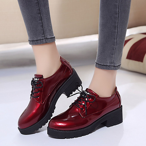 

Women's Oxfords 2020 Low Heel Round Toe Patent Leather British Walking Shoes Spring & Summer Burgundy / Black