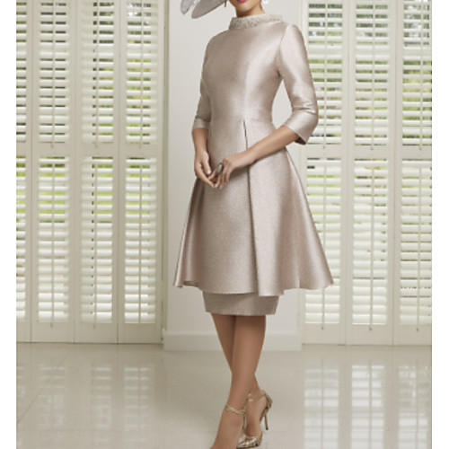 

A-Line High Neck Tea Length Satin 3/4 Length Sleeve Sparkle & Shine Mother of the Bride Dress with Pleats Mother's Day 2020