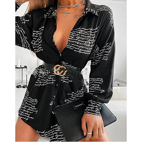 

Women's Mini Black Summer Dress Shirt Print Letter V Neck S M Loose