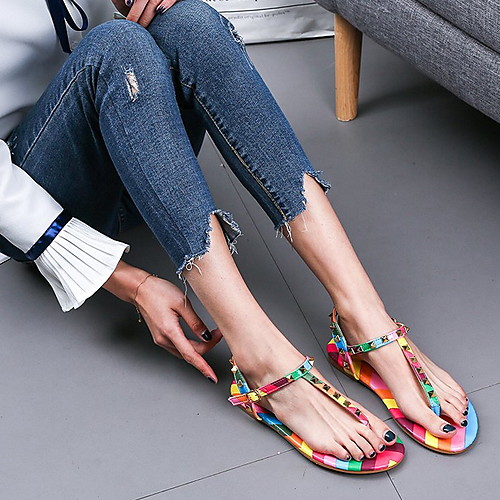

Women's Sandals Flat Heel Round Toe PU Summer Pink / Rainbow