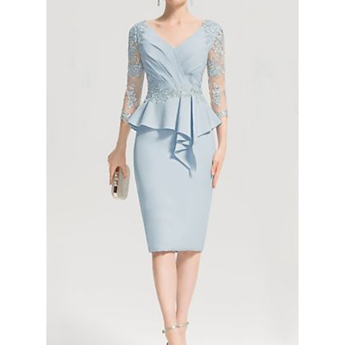 

Sheath / Column V Neck Knee Length Chiffon / Lace 3/4 Length Sleeve Elegant Mother of the Bride Dress with Appliques / Ruching Mother's Day 2020