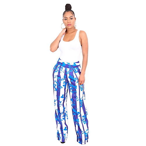 

Women's Basic Wide Leg Pants - Print Red Blue S M L