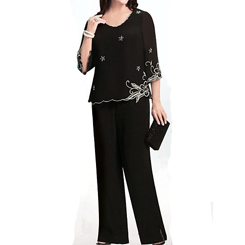 

Pantsuit / Jumpsuit Jewel Neck Floor Length Chiffon 3/4 Length Sleeve Elegant Mother of the Bride Dress with Embroidery Mother's Day 2020