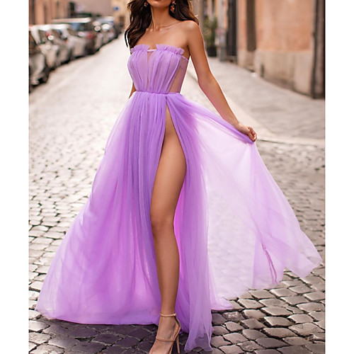 

A-Line Minimalist Purple Wedding Guest Prom Dress Strapless Sleeveless Floor Length Tulle with Pleats Split 2020