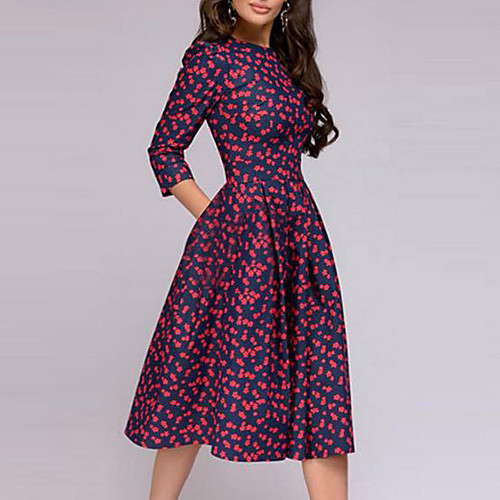 

Women's Red White Dress Elegant A Line Sheath Floral Crew Neck Pleated Patchwork Print S M / Belt Not Included