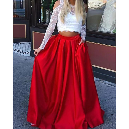 

Two Piece Red White Party Wear Prom Dress Jewel Neck Long Sleeve Floor Length Lace with Pleats Lace Insert 2020