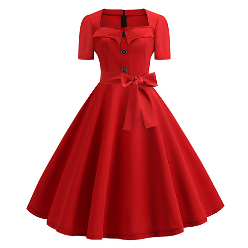 

Women's Red Dress Vintage Street chic Spring & Summer Party Daily A Line Solid Color Patchwork Print S M