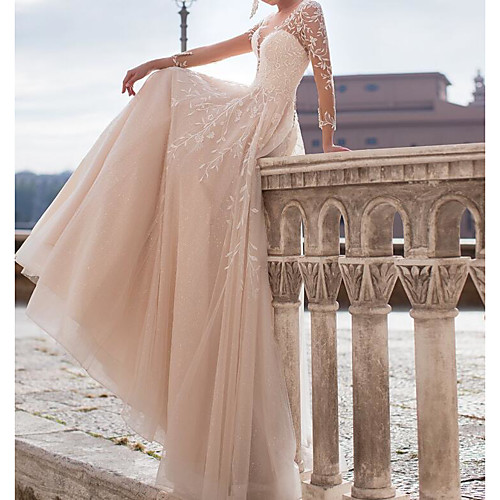 

A-Line Jewel Neck Court Train Polyester / Tulle Long Sleeve Country Plus Size Wedding Dresses with Embroidery / Appliques 2020