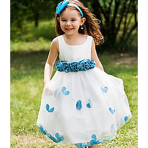 

A-Line Tea Length Event / Party / Birthday Flower Girl Dresses - POLY Sleeveless Jewel Neck with Flower