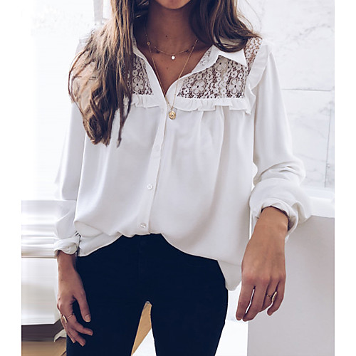 

Women's Daily Cotton Shirt - Solid Colored Lace Shirt Collar Wine