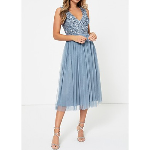 

A-Line Plunging Neck Tea Length Tulle / Sequined Bridesmaid Dress with Pleats / Beading