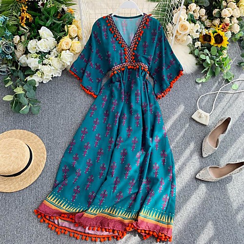 

Women's Red Blue Dress Boho Spring & Summer Holiday A Line Floral Tropical Leaf One-Size