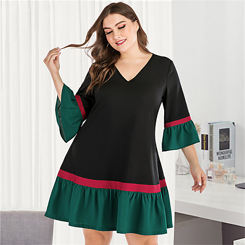 

Women's Green Dress Casual Street chic A Line Sheath Skater Color Block Solid Color Flare Cuff Sleeve L XL
