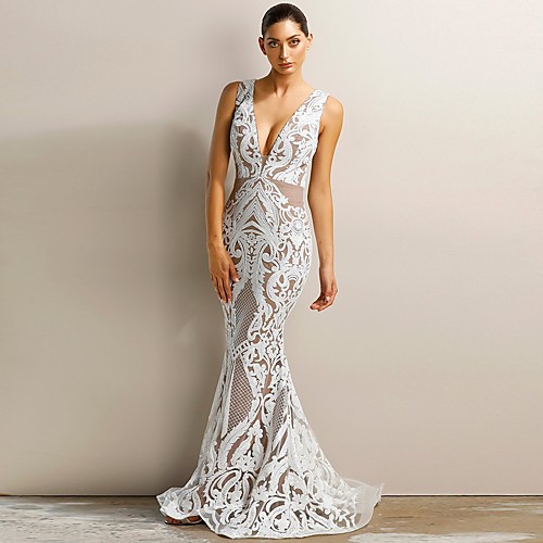 

Sequin Mermaid Trumpet Lace Sexy Sleeveless V Neck Sweep Brush Train Engagement Formal Evening Dress