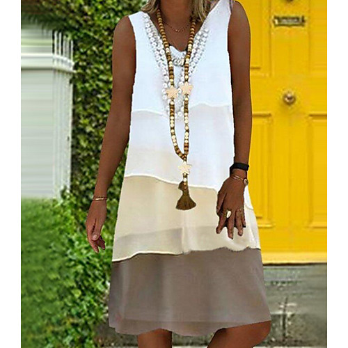 

Women's Green Beige Dress Loose Print Color Block S M