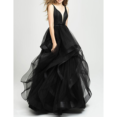 

Ball Gown V Neck Asymmetrical Tulle Elegant / Black Engagement / Prom Dress with Tier 2020