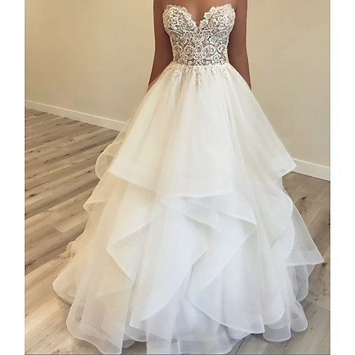 

Ball Gown Strapless Sweep / Brush Train Polyester / Tulle Sleeveless Country Plus Size Wedding Dresses with Embroidery / Cascading Ruffles 2020