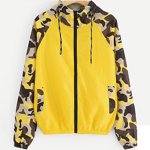 

Women's Daily Basic / Street chic Spring & Fall Regular Jacket, Geometric / Camo / Camouflage Hooded Long Sleeve Polyester / Nylon / Spandex Patchwork Wine / Yellow / Blushing Pink