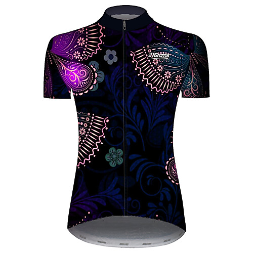 

21Grams Women's Short Sleeve Cycling Jersey Black / Blue Floral Botanical Bike Jersey Top Mountain Bike MTB Road Bike Cycling UV Resistant Breathable Quick Dry Sports Clothing Apparel / Stretchy