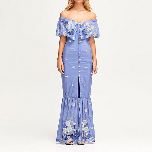

Mermaid / Trumpet Off Shoulder Floor Length Cotton Boho / Floral Holiday / Prom Dress with Split / Lace Insert / Appliques 2020