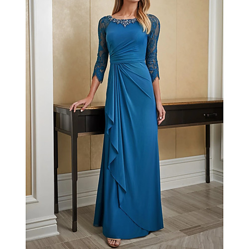 

Sheath / Column Jewel Neck Floor Length Chiffon 3/4 Length Sleeve Elegant Mother of the Bride Dress with Lace / Pleats / Beading Mother's Day 2020