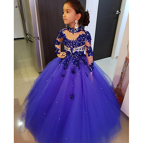 

Ball Gown Floor Length Wedding Flower Girl Dresses - Lace / Tulle Long Sleeve High Neck with Solid / Paillette