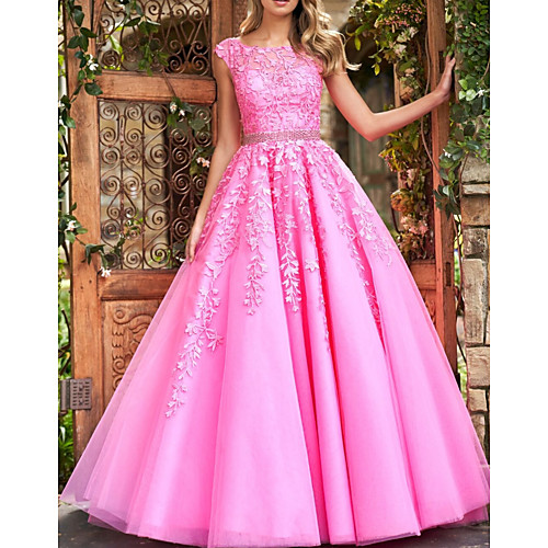 

Ball Gown Illusion Neck Court Train Polyester Floral / Pink Quinceanera / Prom Dress with Crystals / Appliques 2020