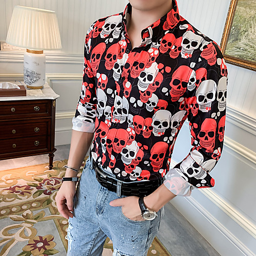 

Men's Daily Going out Basic / Elegant Shirt - Color Block / 3D / Skull Red