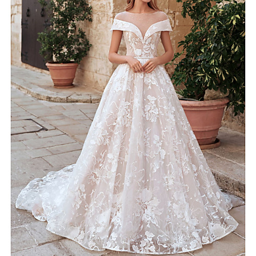 

A-Line Jewel Neck Sweep / Brush Train Lace / Tulle Short Sleeve Country See-Through / Plus Size Wedding Dresses with Crystals / Appliques 2020