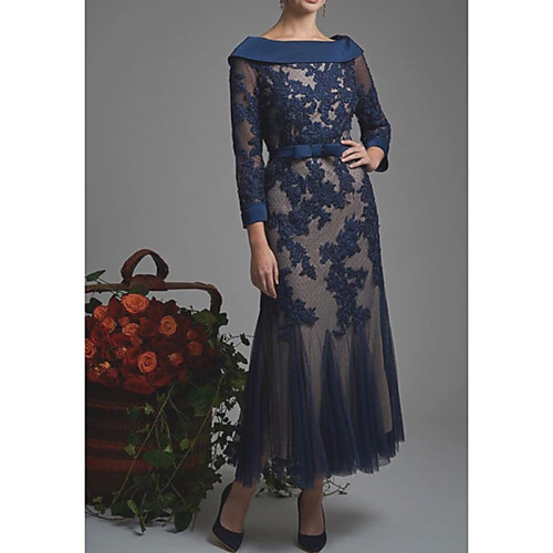 

Sheath / Column Bateau Neck Ankle Length Lace / Tulle 3/4 Length Sleeve Elegant Mother of the Bride Dress with Sash / Ribbon / Appliques Mother's Day 2020