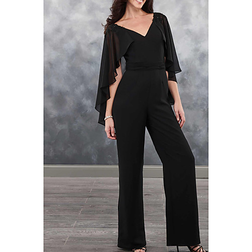 

Pantsuit / Jumpsuit V Neck Floor Length Chiffon Sleeveless Elegant Mother of the Bride Dress with Beading Mother's Day 2020