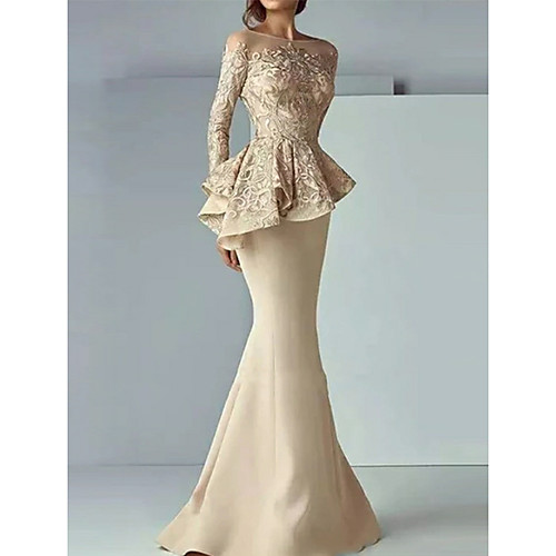 

Mermaid / Trumpet Illusion Neck Sweep / Brush Train Satin Peplum / Gold Wedding Guest / Formal Evening Dress with Lace Insert 2020