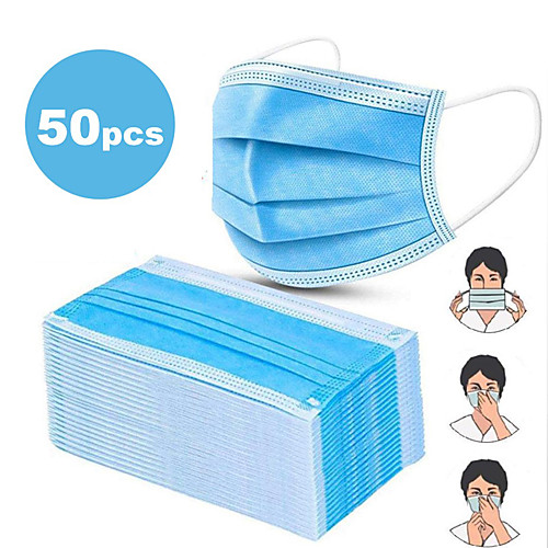 

50 pcs Personal Protective Equipment Face Mask Waterproof Disposable Protective Mask Durable Protection Nonwoven Melt Blown Fabric Filter CE Certified Certification High Quality 3-Ply Blue