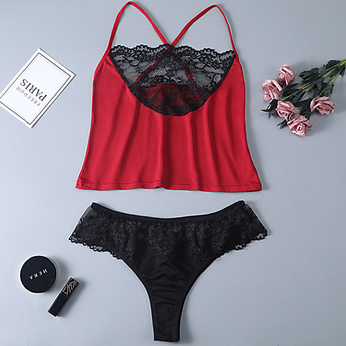 

Women's Lace / Backless / Layered Suits Nightwear Color Block Red Black XL XXL XXXL