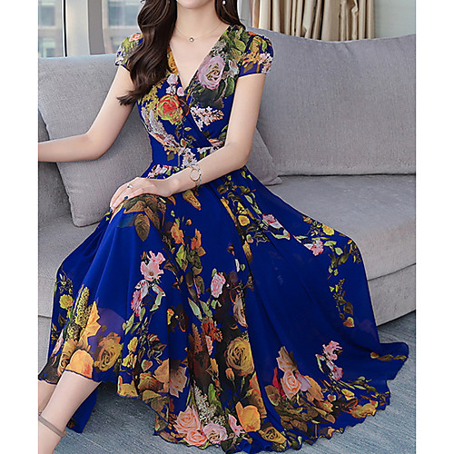 

Women's Blue Dress Elegant Chiffon Print M L