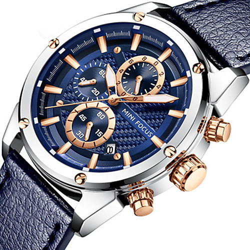 

MINI FOCUS Men's Dress Watch Quartz Formal Style Stylish Genuine Leather Black / Blue / Brown 30 m Water Resistant / Waterproof Calendar / date / day Three Time Zones Analog Casual Fashion - Blue