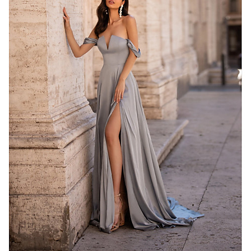 

A-Line Off Shoulder Court Train Chiffon Minimalist / Grey Party Wear / Formal Evening Dress with Pleats / Split 2020