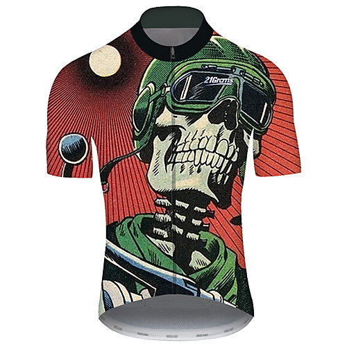 

21Grams Men's Short Sleeve Cycling Jersey 100% Polyester Black / Green Stripes Patchwork Skull Bike Jersey Top Mountain Bike MTB Road Bike Cycling UV Resistant Breathable Quick Dry Sports Clothing