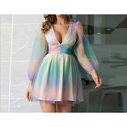 

Women's Elegant Rainbow V Neck Mini Dress Long Sleeve A Line MM0327