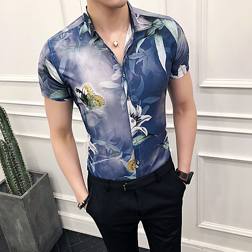 

Men's Daily Going out Basic / Elegant Shirt - Floral / Color Block Blue