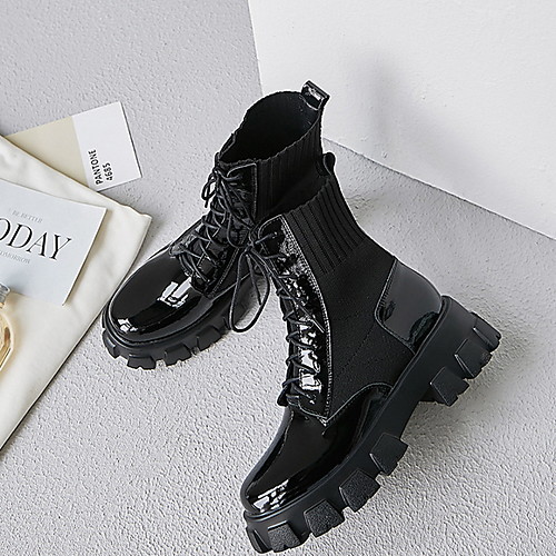 

Women's Boots Flat Heel Round Toe Leather Mid-Calf Boots Spring & Fall Black