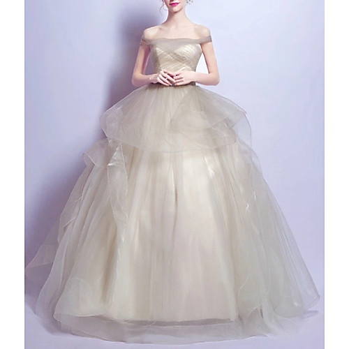 

Ball Gown Elegant Minimalist Engagement Prom Dress Off Shoulder Short Sleeve Floor Length Tulle with Ruched Tier 2020