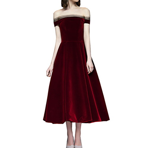 

A-Line Off Shoulder Ankle Length Polyester Vintage / Red Homecoming / Cocktail Party Dress with Sleek 2020