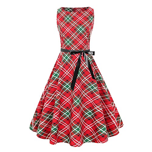 

Women's Red Dress Vintage Style Party Daily A Line Sheath Plaid Black & Red Bow Print S M