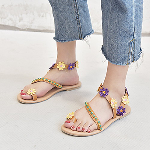 

Women's Sandals Flat Heel Round Toe PU Spring & Summer Brown
