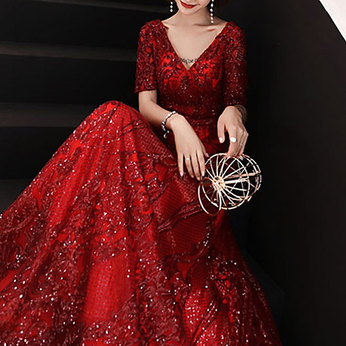 

Sequin A-Line Sparkle Half Sleeve V Neck Floor Length Sequined Prom Formal Evening Dress