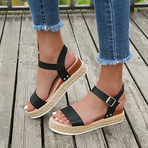 

Women's Sandals 2020 Wedge Heel Open Toe PU Vintage / Minimalism Spring & Summer Black / White / Light Brown / White / Party & Evening