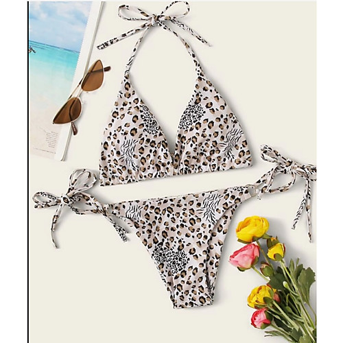 

Women's Basic Boho White Triangle Cheeky Bikini Swimwear Swimsuit - Leopard Abstract Camo / Camouflage Lace up Print S M L White