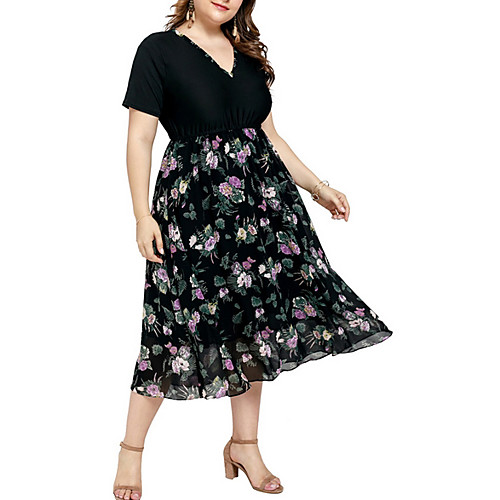 

Women's Black Dress A Line Floral V Neck XL XXL