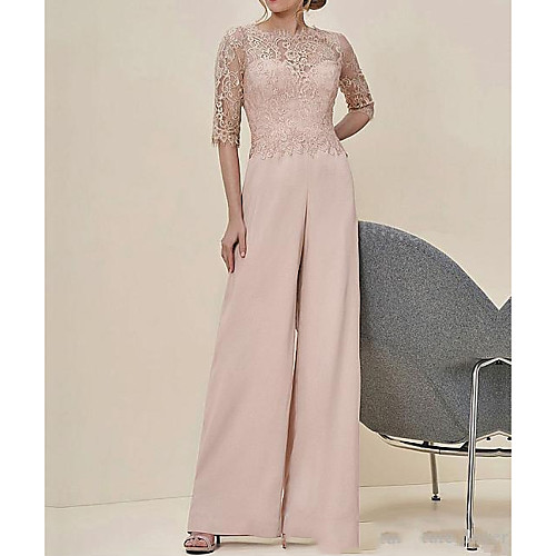 

Pantsuit / Jumpsuit Illusion Neck Floor Length Chiffon Half Sleeve See Through Mother of the Bride Dress with Lace Mother's Day 2020
